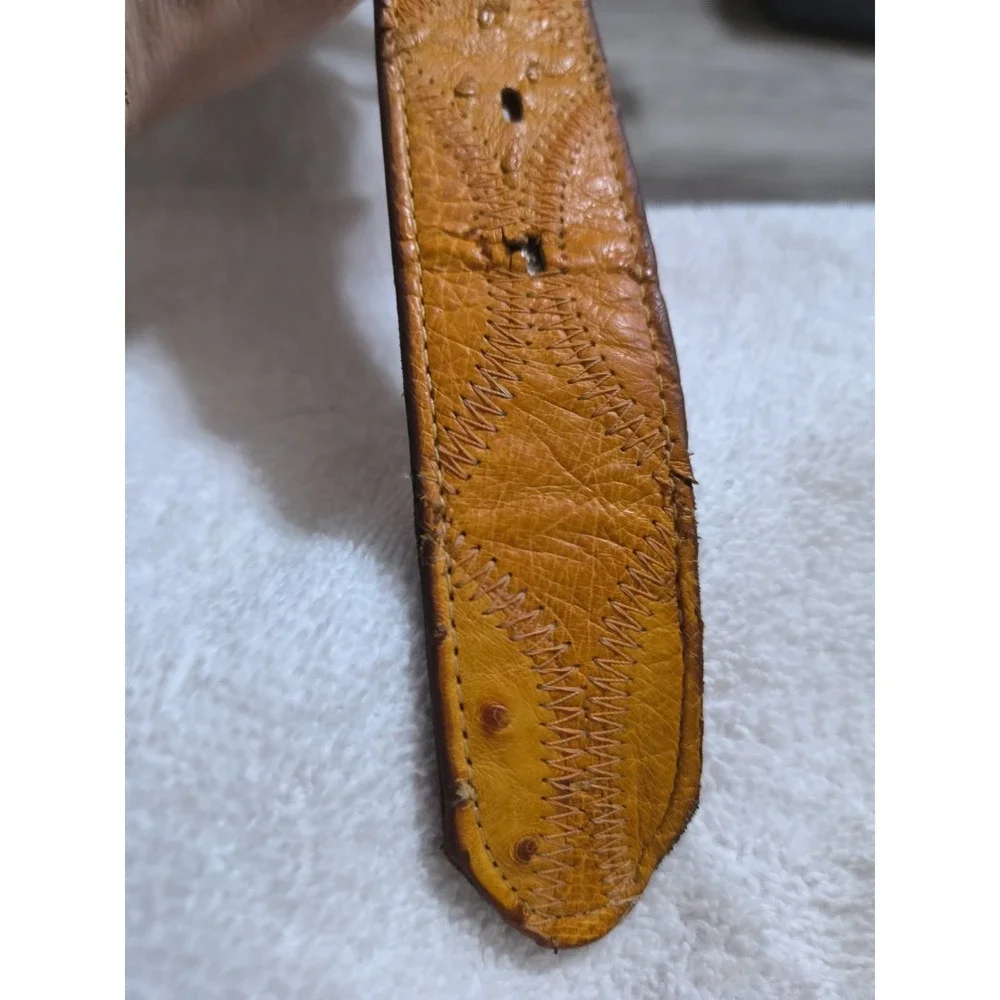 Justin Genuine Ostrich Belt Sz 38 Embroidered Adjustable Belt Brown Aztec Buckle